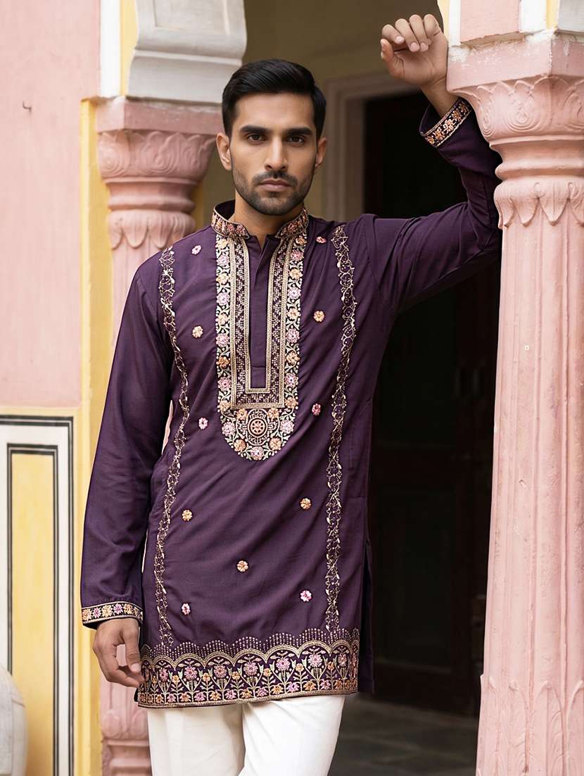 Men Embroidered Mandarin Neck Short Kurta - 22615705 -  Standard Image - 2
