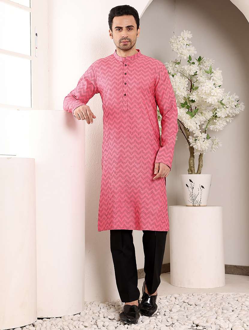 men self design mandarin neck kurta pyjama set