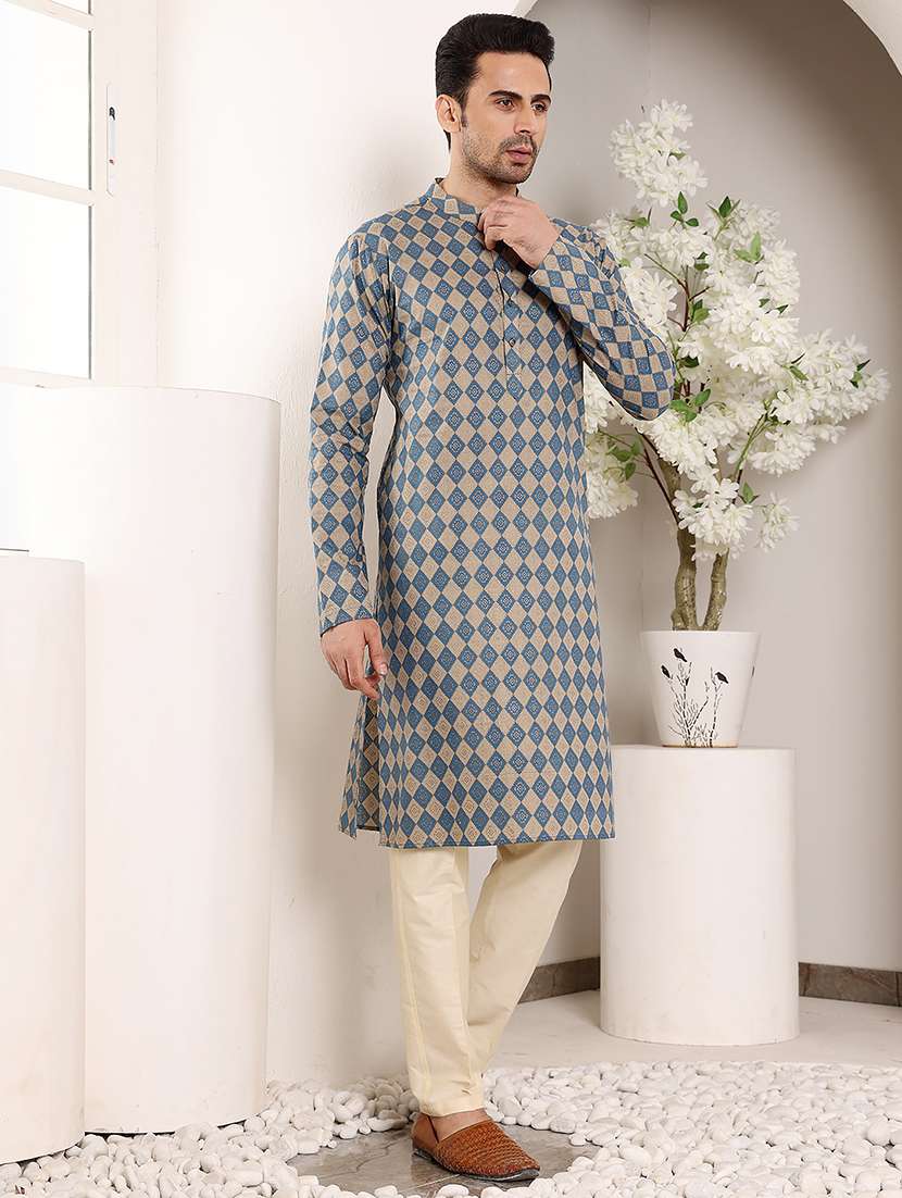 men printed mandarin neck long kurta - 22615910 -  Standard Image - 2