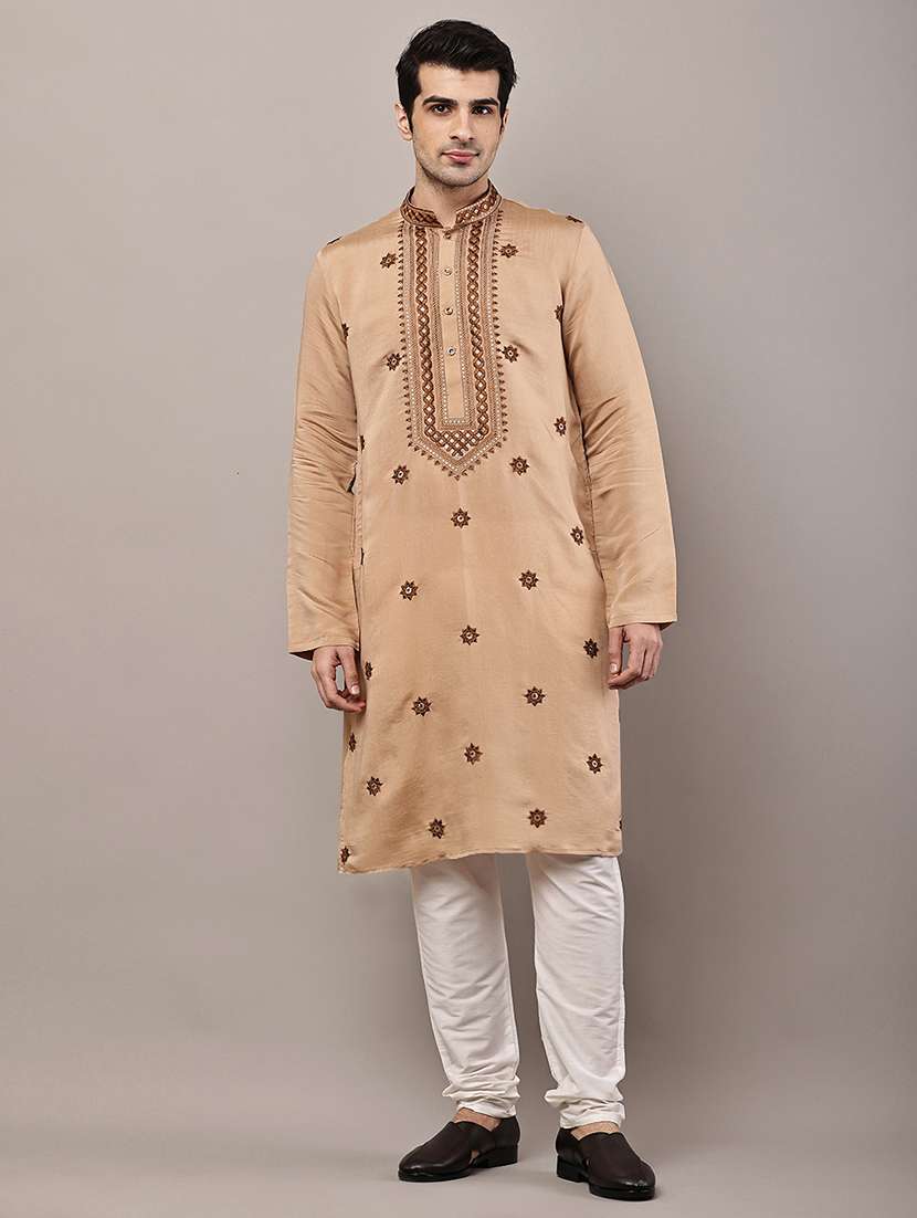 men solid with work mandarin neck long kurta - 22615976 -  Standard Image - 2