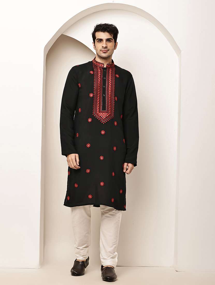 men solid with work mandarin neck long kurta - 22615977 -  Standard Image - 2