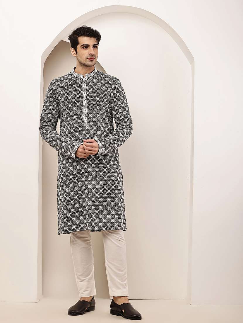 men solid with work mandarin neck long kurta - 22615978 -  Standard Image - 2