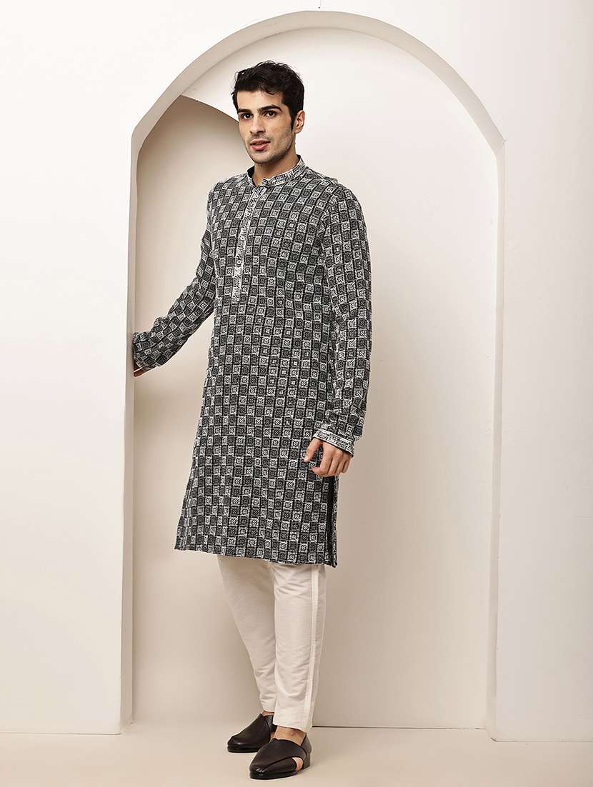 men solid with work mandarin neck long kurta - 22615979 -  Standard Image - 2
