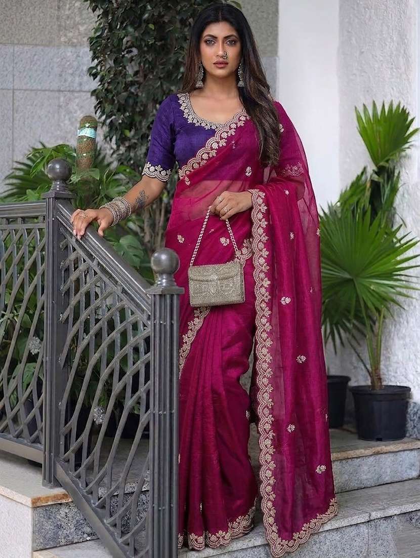 Women Solid With Work Embroidered Saree With Blouse - 22616039 -  Standard Image - 2