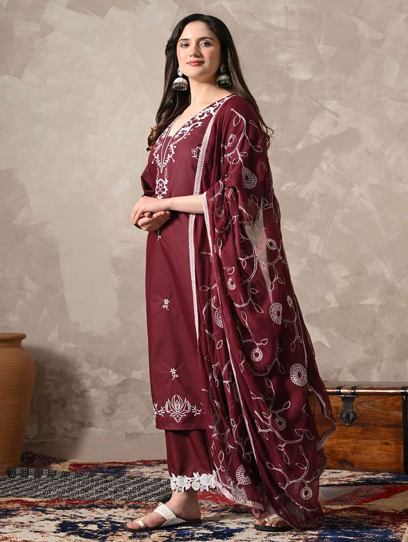 Women Embroidered Three Quarter Sleeves Kurta Palazzo Set With Dupatta - 22616100 -  Standard Image - 2