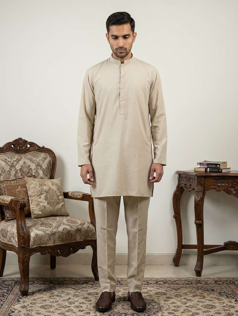 Men Solid Mandarin Neck Kurta Pyjama Set - 22616127 -  Standard Image - 2