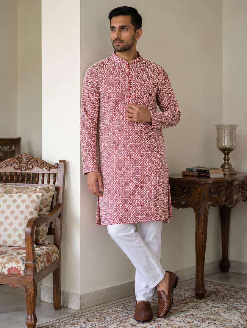 men solid with work mandarin neck kurta pyjama set
