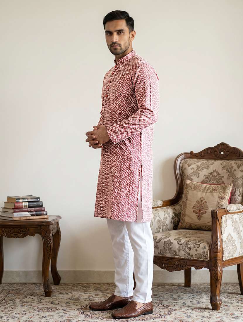 men solid with work mandarin neck kurta pyjama set - 22616133 -  Standard Image - 2