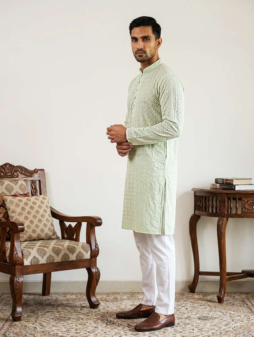 men solid with work mandarin neck kurta pyjama set - 22616134 -  Standard Image - 2