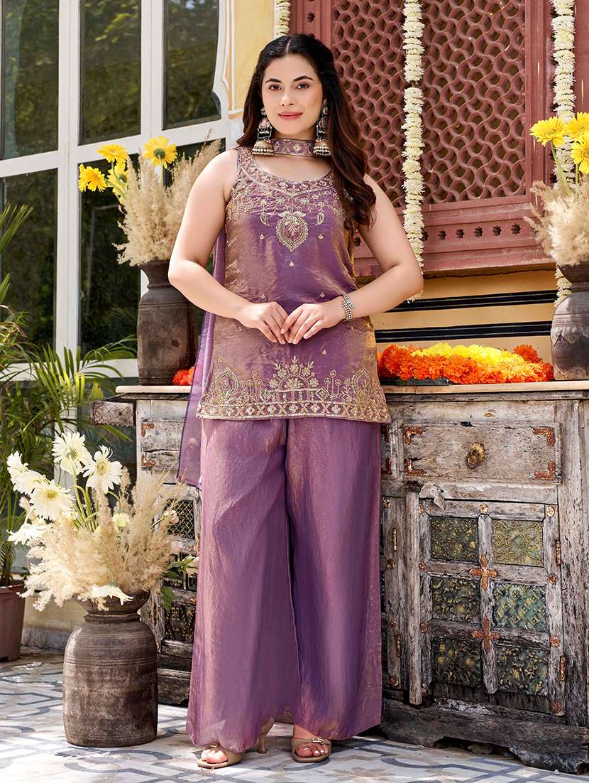women embroidered sleeveless kurta palazzo set with dupatta