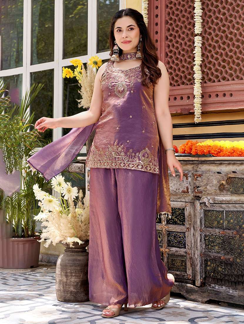 women embroidered sleeveless kurta palazzo set with dupatta - 22616271 -  Standard Image - 2