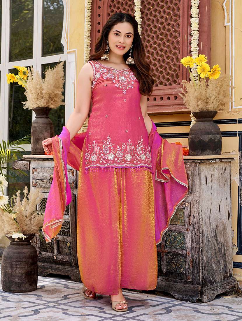 women embroidered sleeveless kurta palazzo set with dupatta - 22616312 -  Standard Image - 2
