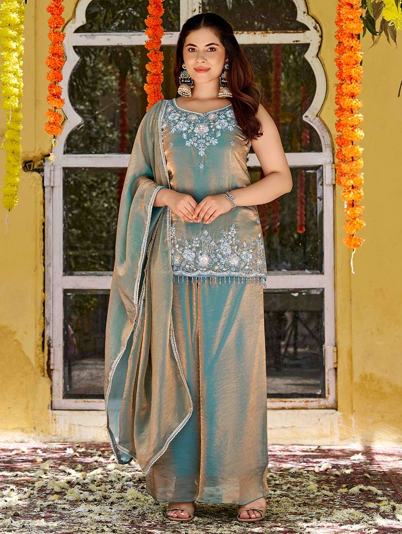 women embroidered sleeveless kurta palazzo set with dupatta - 22616338 -  Standard Image - 2