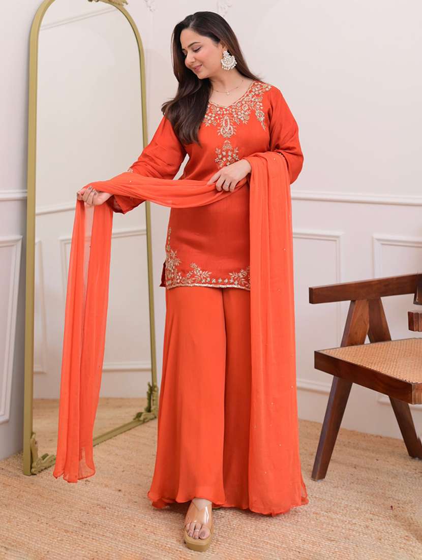 women embroidered long sleeves kurta sharara set with dupatta - 22616355 -  Standard Image - 2