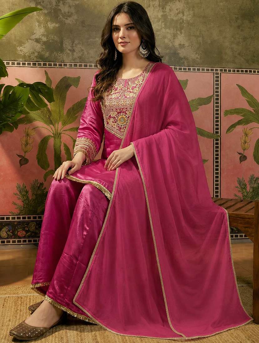 women embroidered three quarter sleeves kurta sharara set with dupatta - 22616367 -  Standard Image - 2