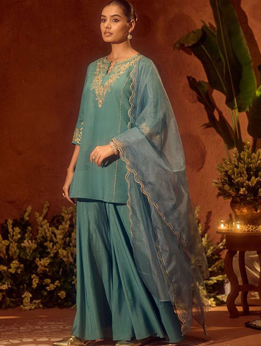 women embroidered three quarter sleeves kurta sharara set with dupatta - 22616375 -  Standard Image - 2