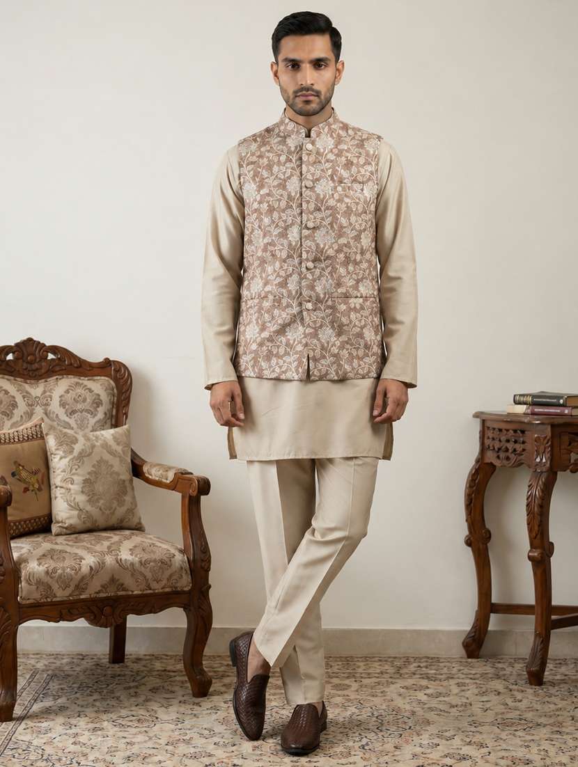 men floral mandarin neck kurta pyjama with jacket set