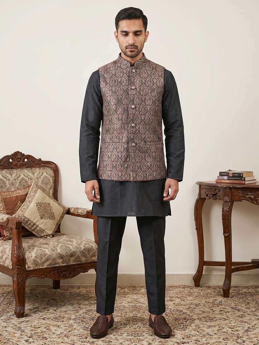 Men Printed Mandarin Neck Kurta Pyjama With Jacket Set - 22616430 -  Standard Image - 2