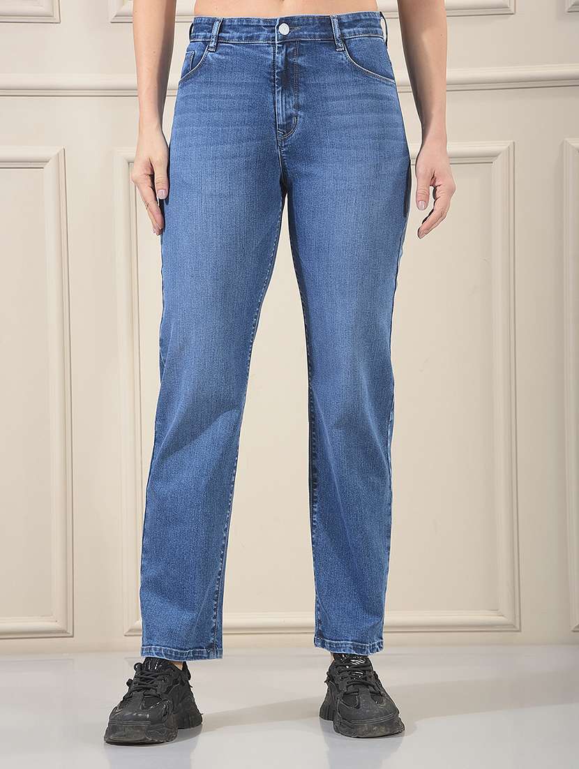 women washed mid rise straight jeans