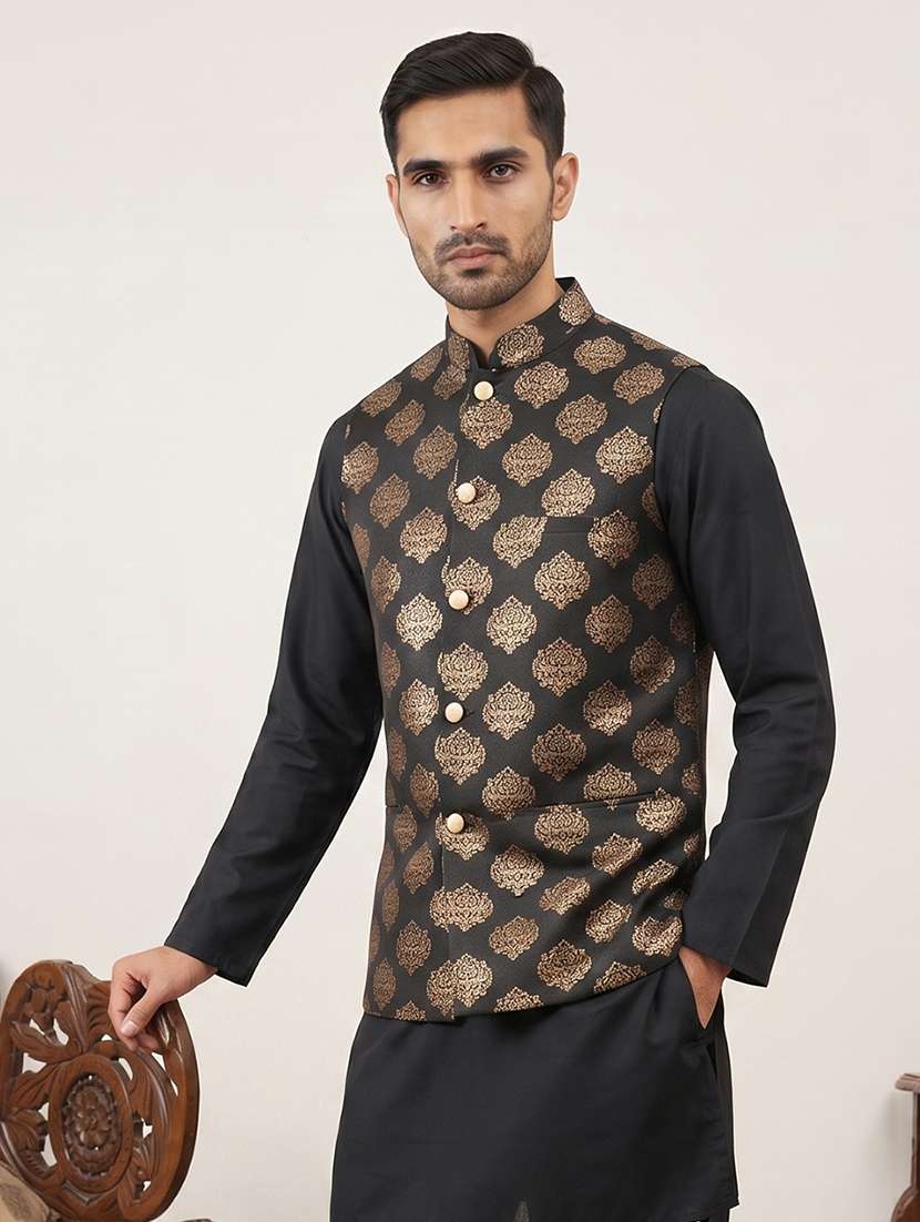 men self design mandarin neck nehru jacket