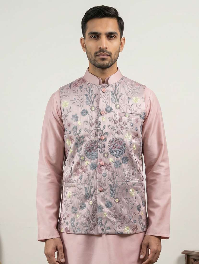 Men Solid With Work Mandarin Neck Nehru Jacket - 22616562 -  Standard Image - 2