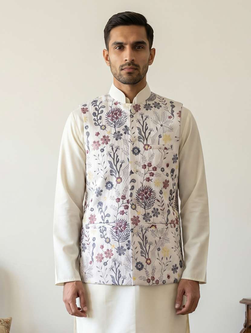 Men Solid With Work Mandarin Neck Nehru Jacket - 22616563 -  Standard Image - 2
