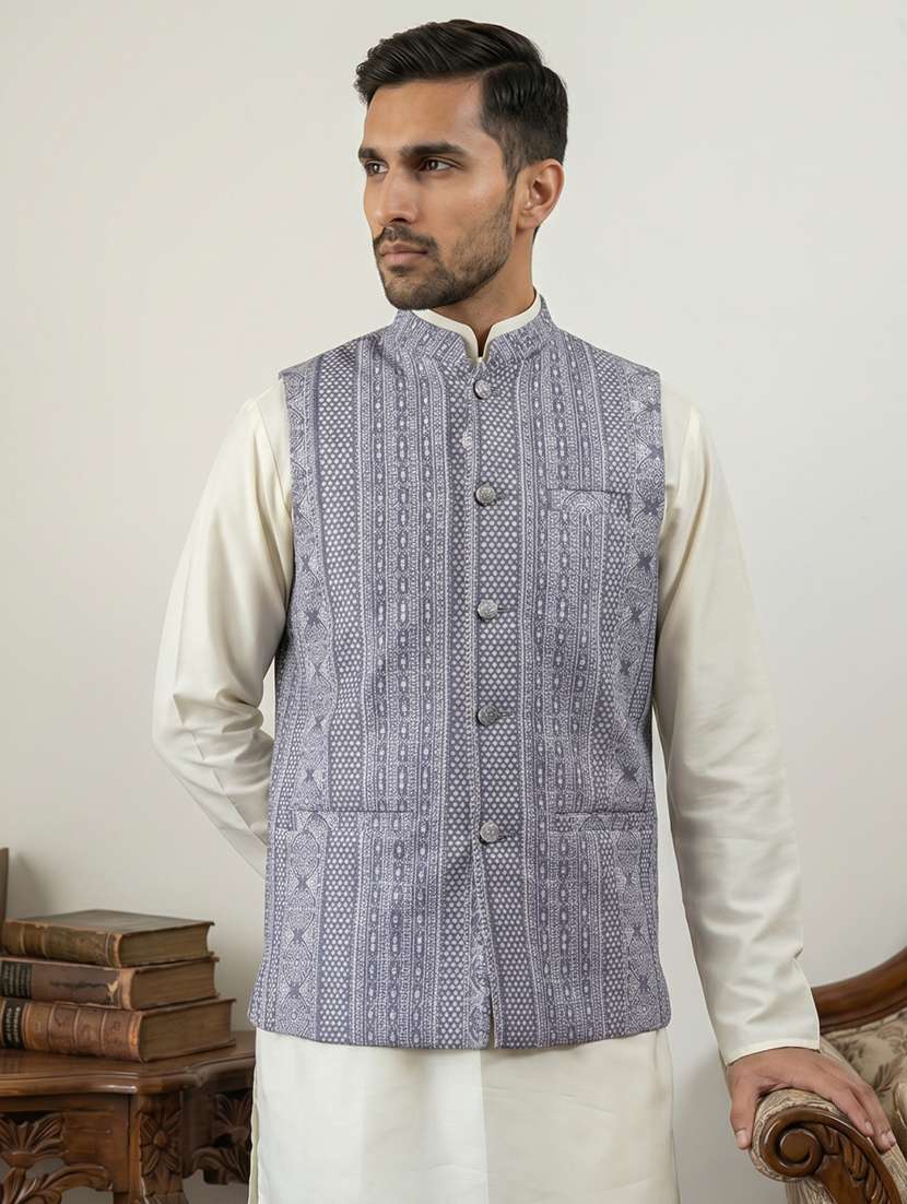 men printed sleeveless nehru jacket