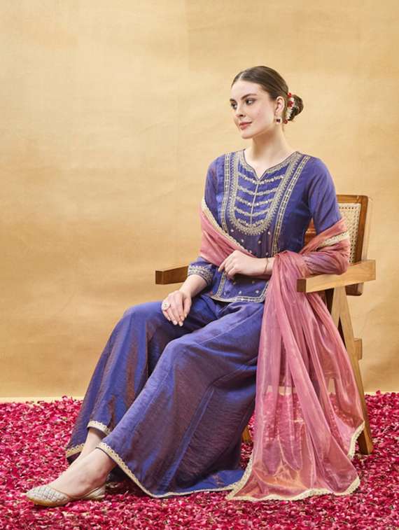 women embroidered three quarter sleeves kurta palazzo set with dupatta