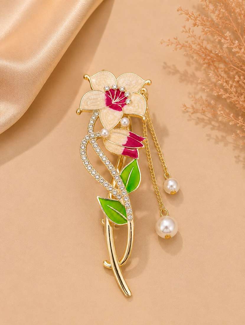 white floral pearl embellished metal banana hair clip