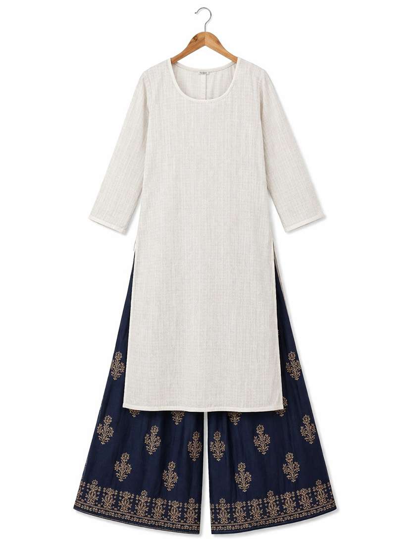 White Cotton Blend Straight Kurta - 22616799 -  Standard Image - 2