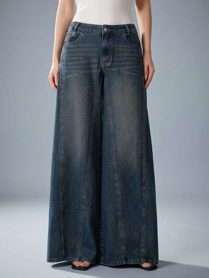 women washed mid rise wide leg jeans