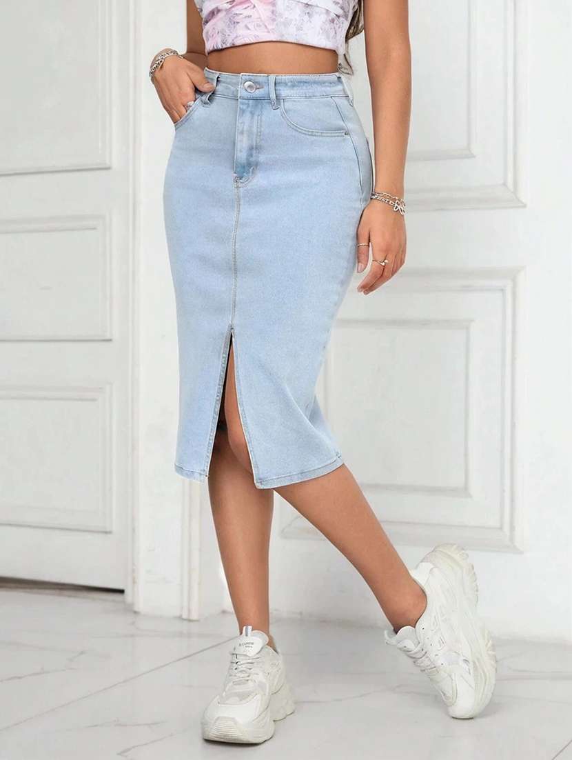 women solid high rise pencil skirt