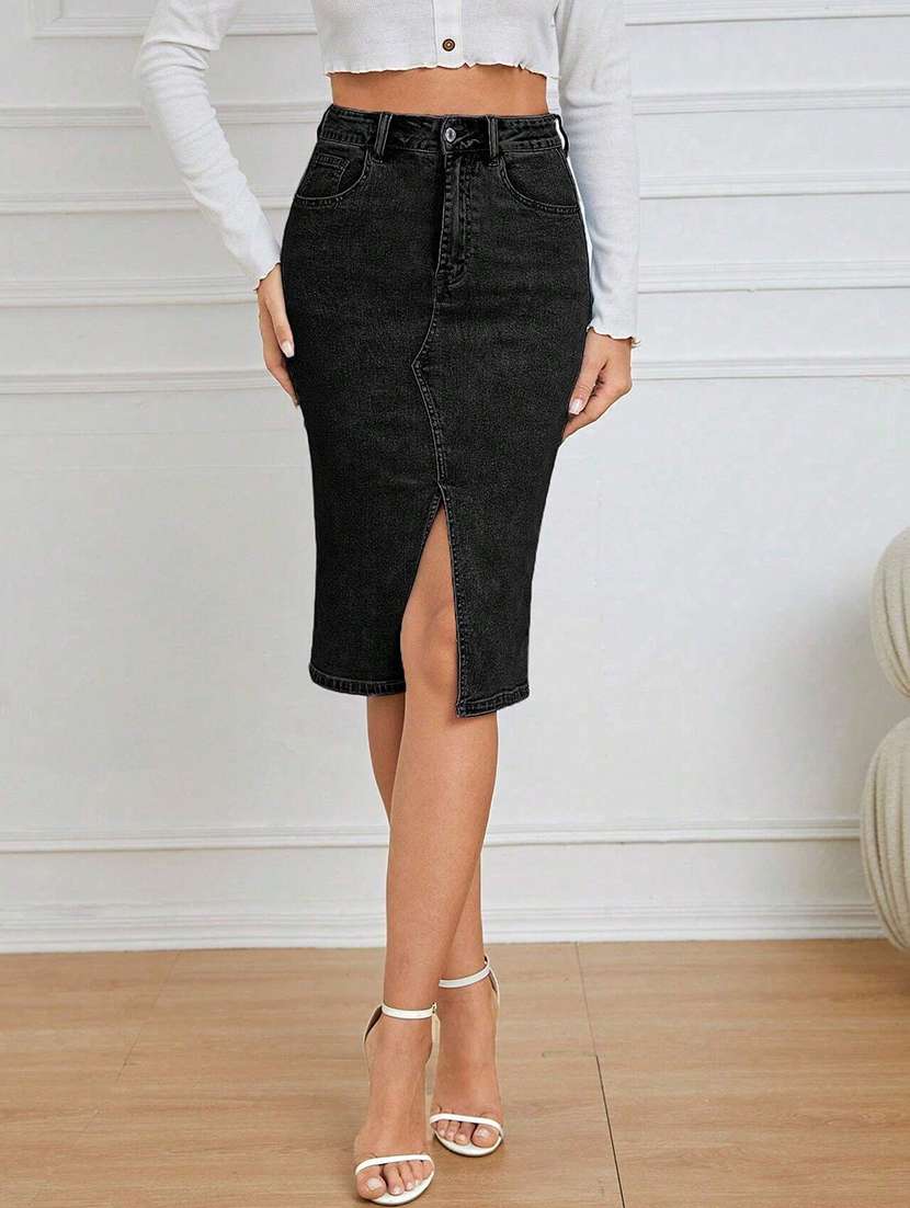 women solid high rise pencil skirt