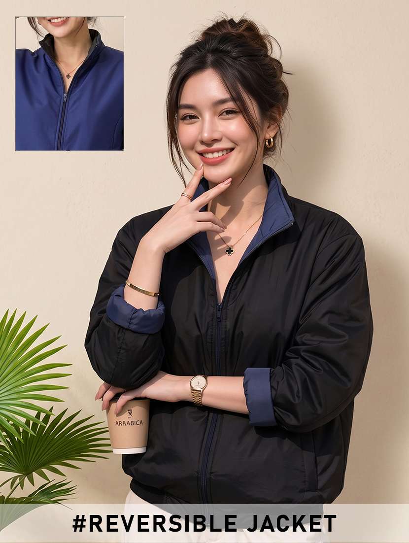 navy blue polyester windcheater jacket high neck