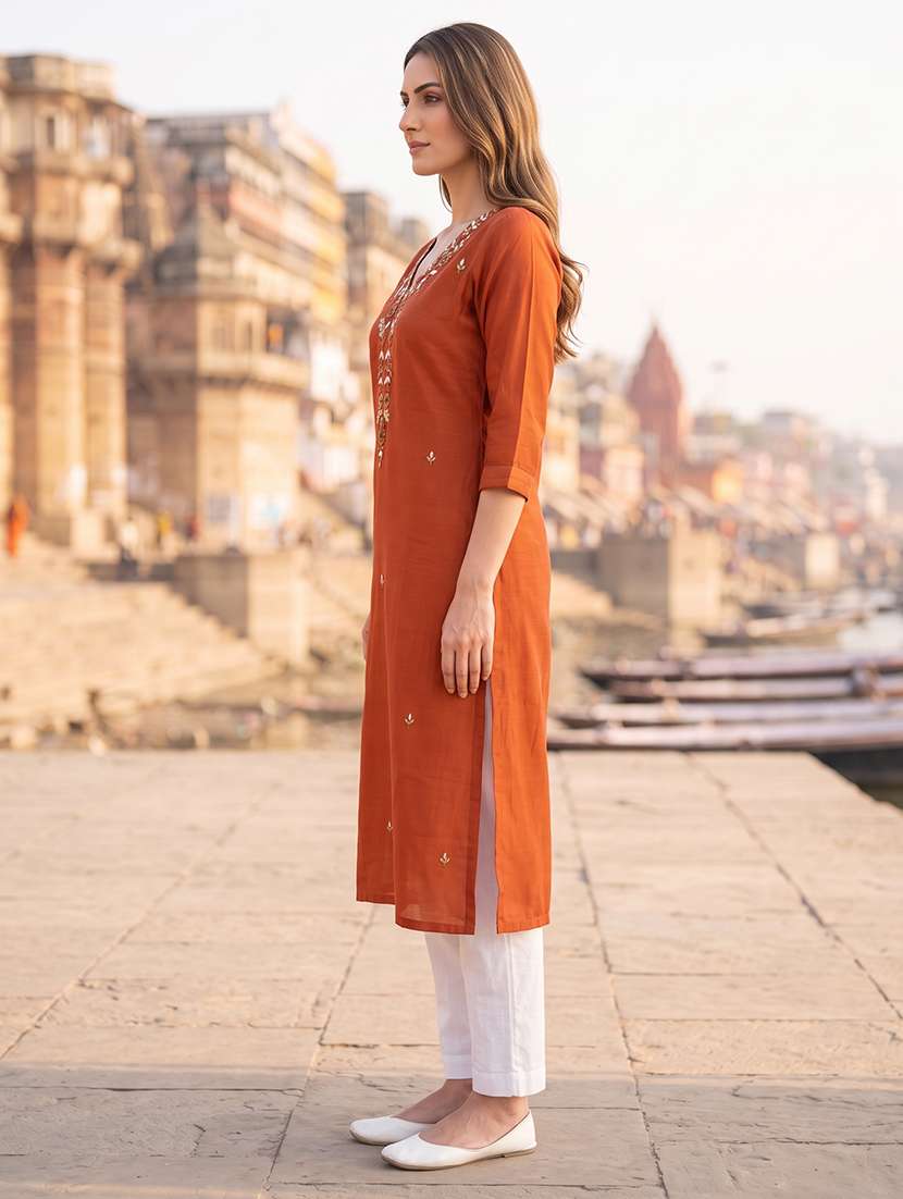 women embroidered three quarter sleeves straight kurta - 22618477 -  Standard Image - 2