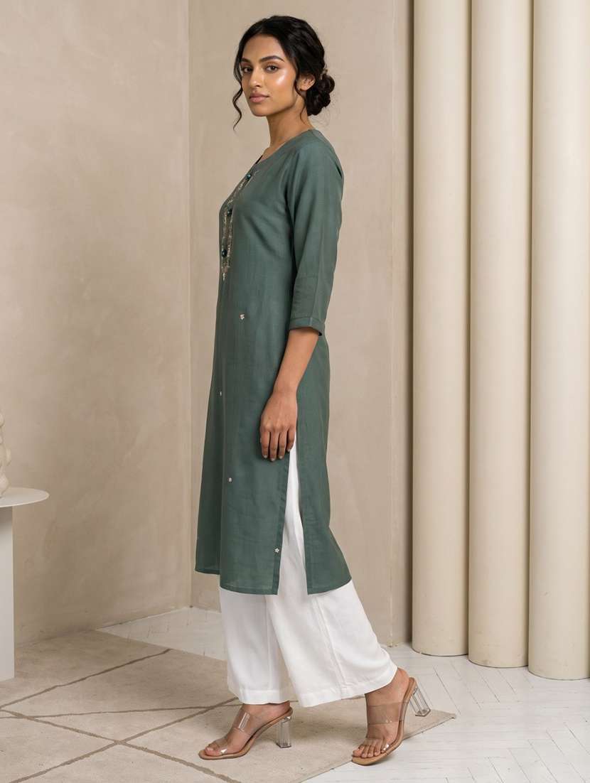 Women Embroidered Three Quarter Sleeves Straight Kurta - 22618480 -  Standard Image - 2