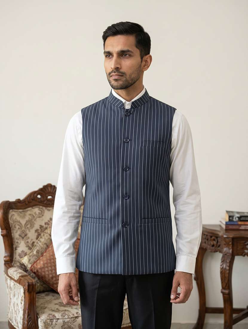 men striped sleeveless nehru jacket