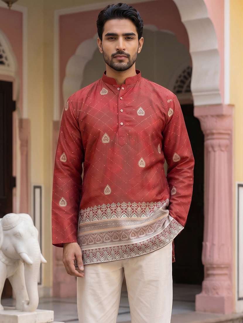 Men Printed Mandarin Neck Short Kurta - 22618579 -  Standard Image - 2