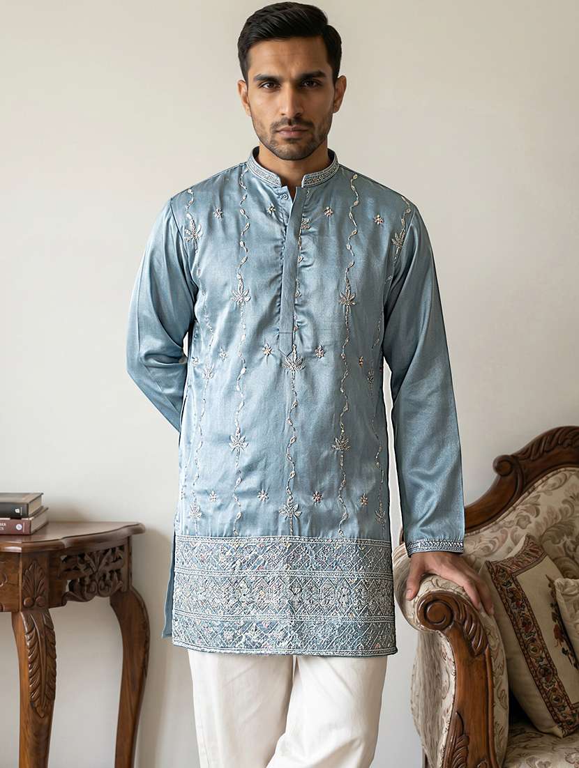 Men Embroidered Mandarin Neck Short Kurta - 22618587 -  Standard Image - 2