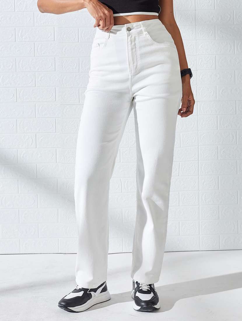 women solid high rise straight jeans