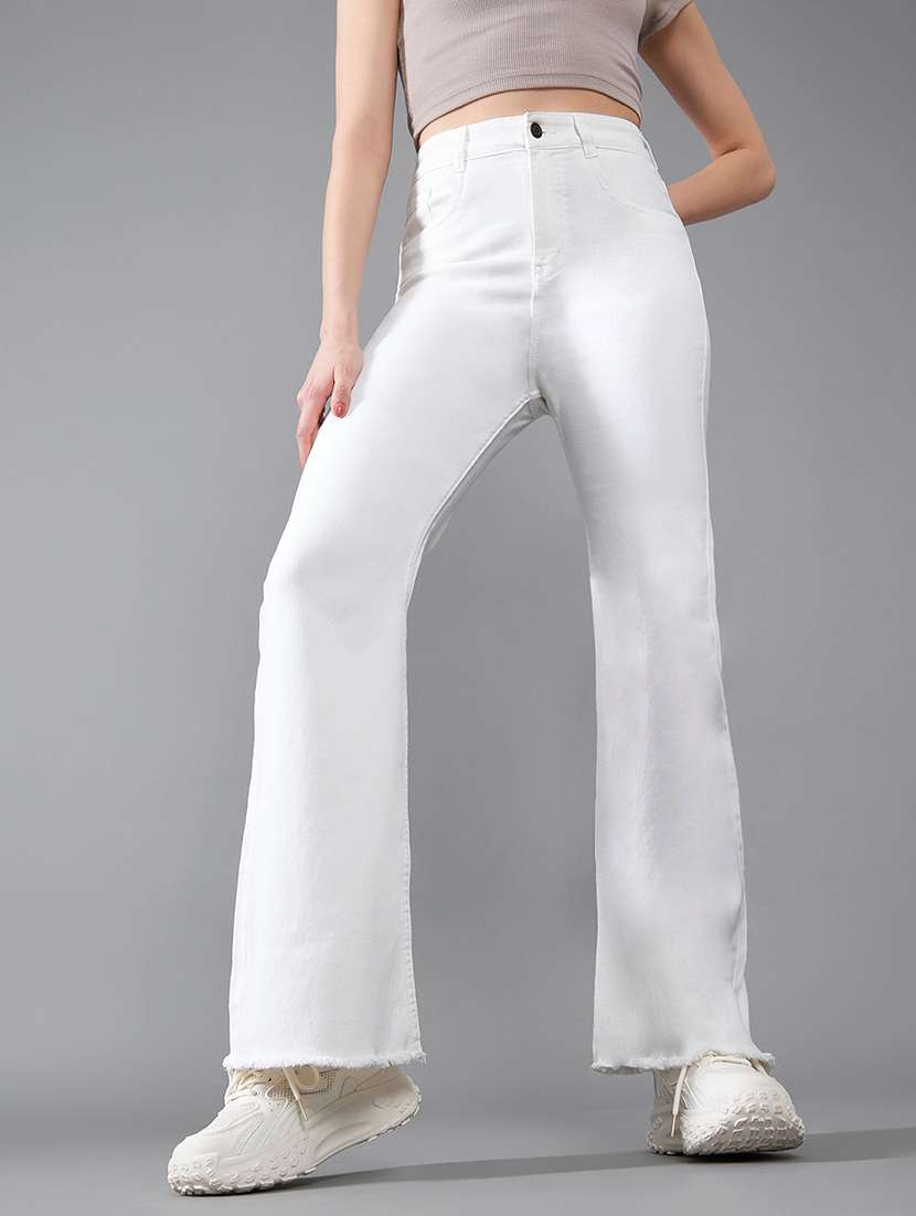 women solid high rise bootcut jeans