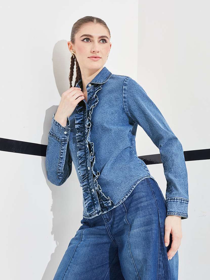 women solid long sleeves regular ruffled shirt