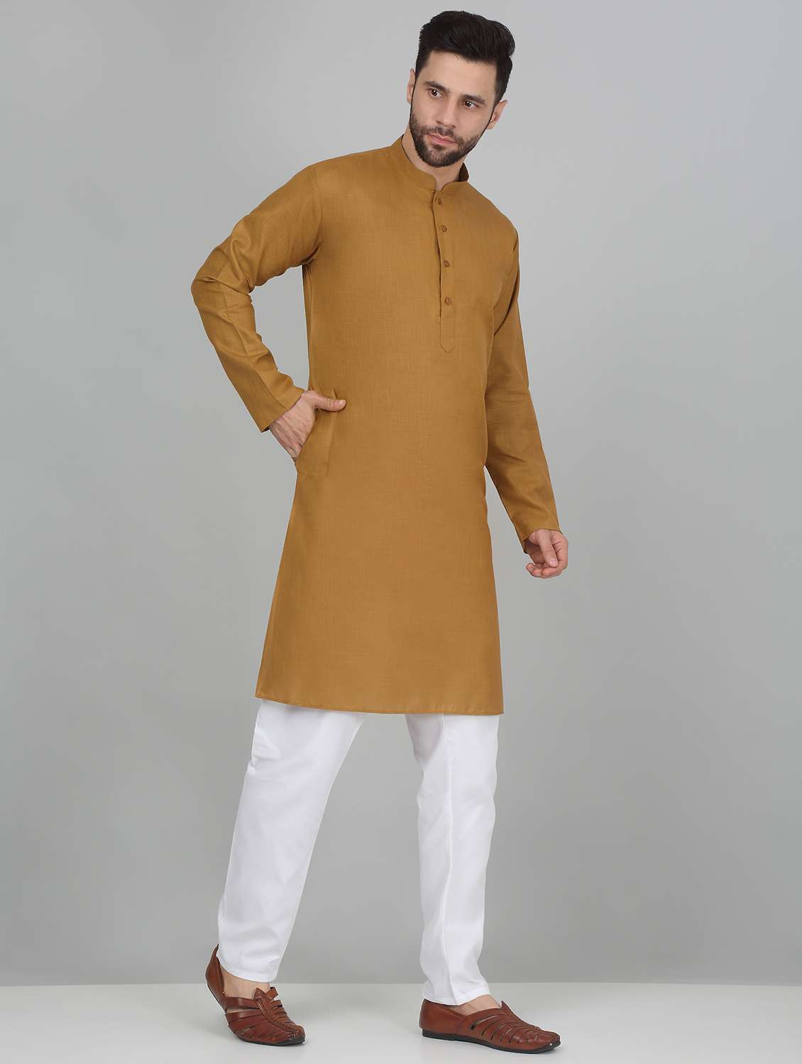 men solid mandarin neck long kurta - 22619150 -  Standard Image - 2