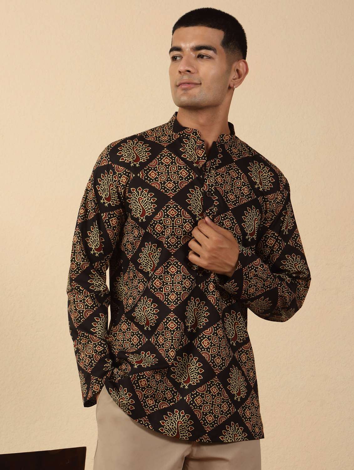 men printed mandarin neck short kurta - 22619189 -  Standard Image - 2