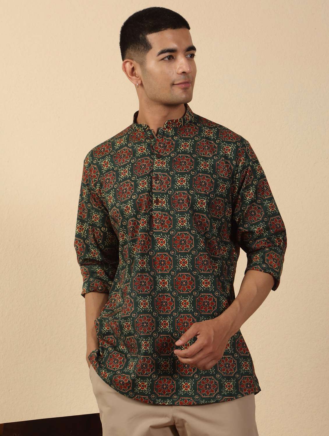 men printed mandarin neck short kurta - 22619190 -  Standard Image - 2