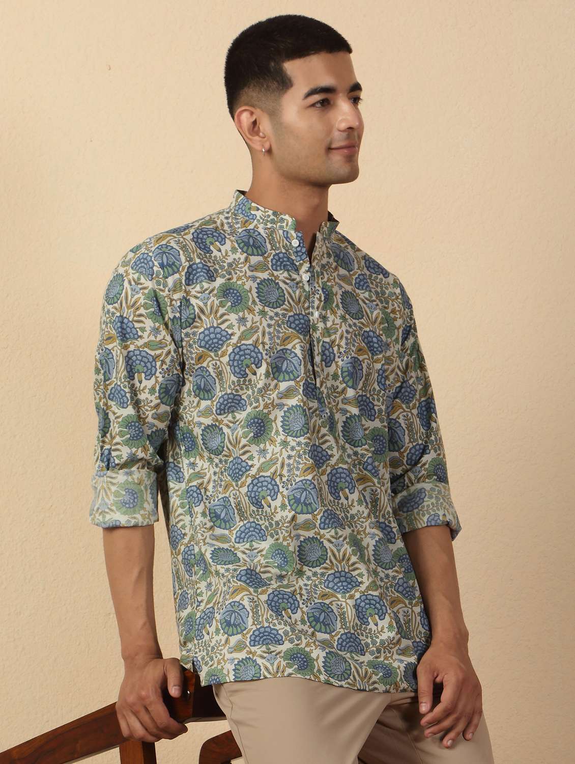 men printed mandarin neck short kurta - 22619191 -  Standard Image - 2