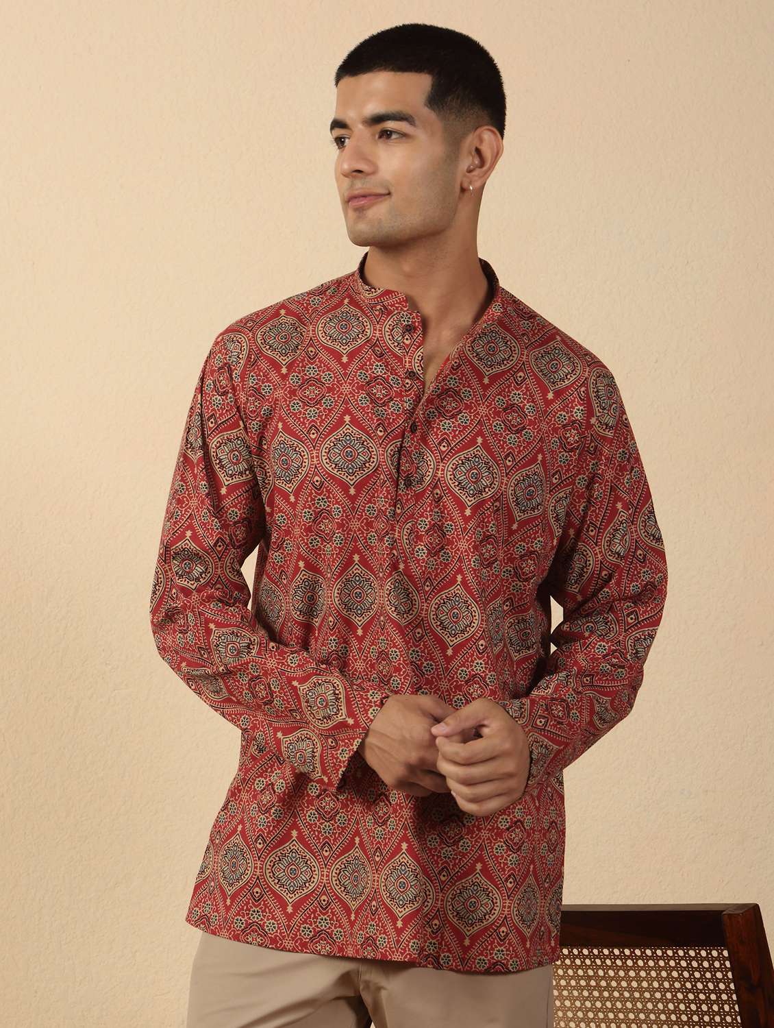 men printed mandarin neck short kurta - 22619192 -  Standard Image - 2