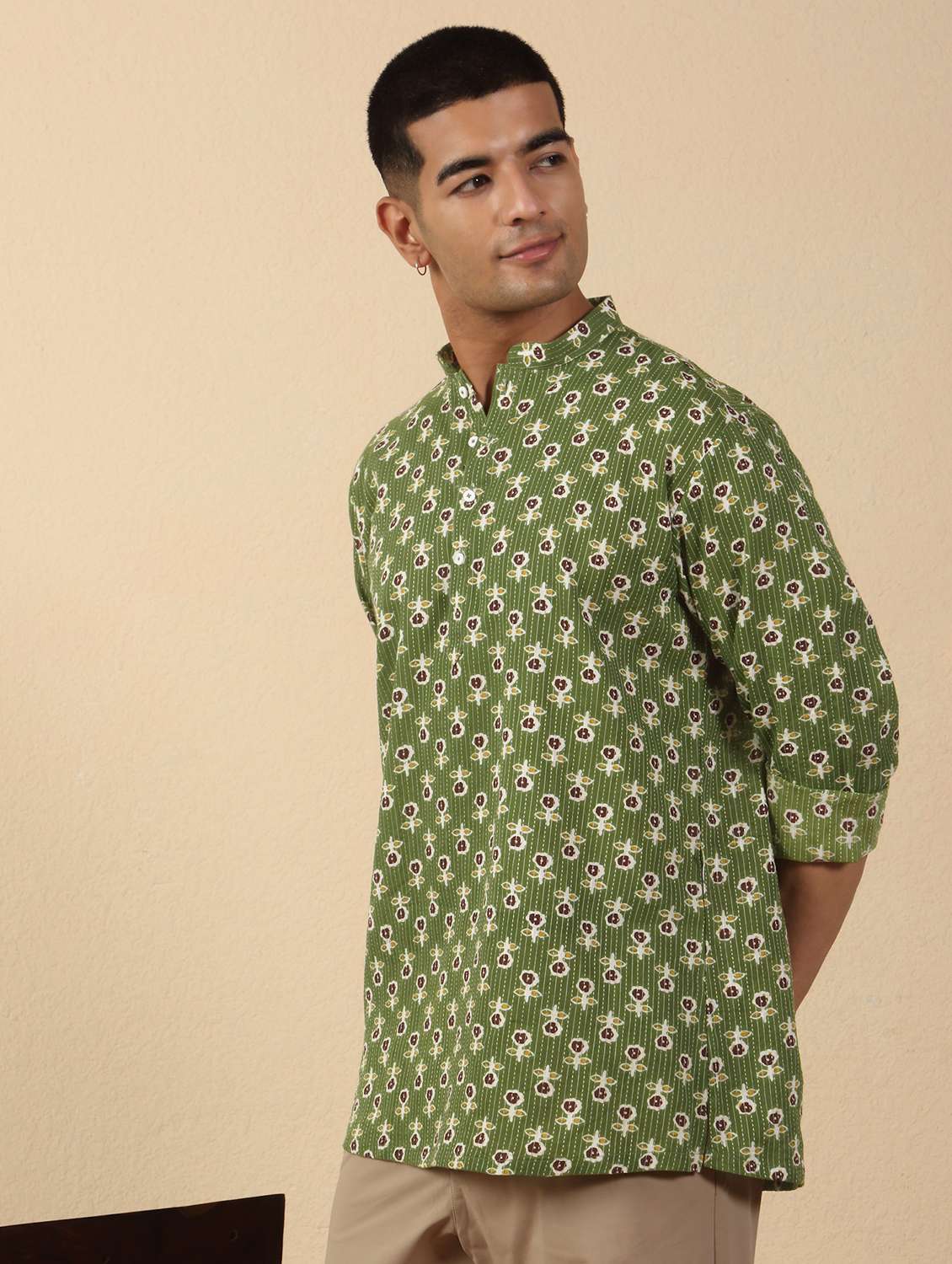 men printed mandarin neck short kurta - 22619194 -  Standard Image - 2