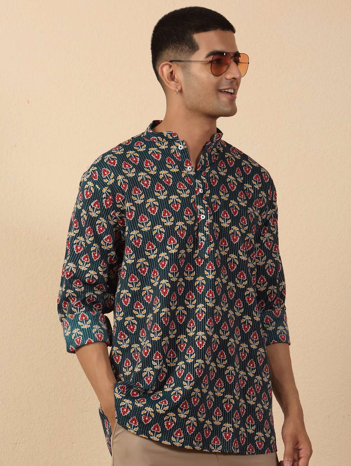 men printed mandarin neck short kurta