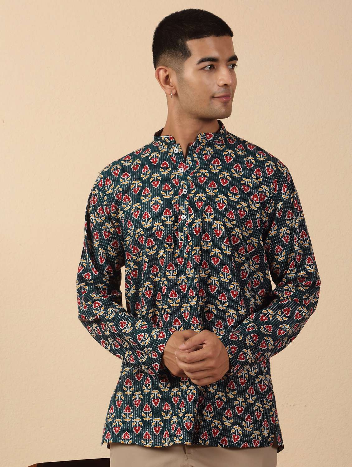 men printed mandarin neck short kurta - 22619196 -  Standard Image - 2